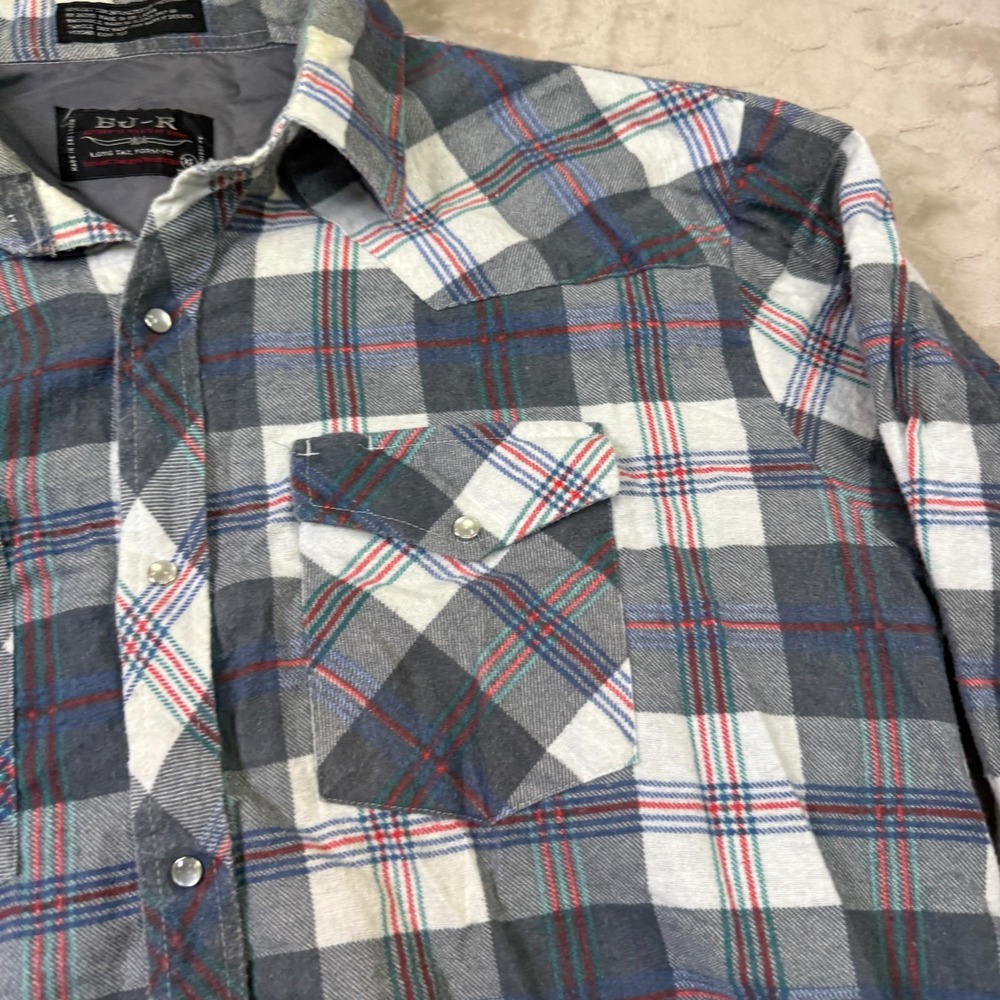 VTG BJ-R Long Tail Form Fit Western Shirt Mens XL Plaid Pearl Snap STAINED Look - Picture 5 of 12